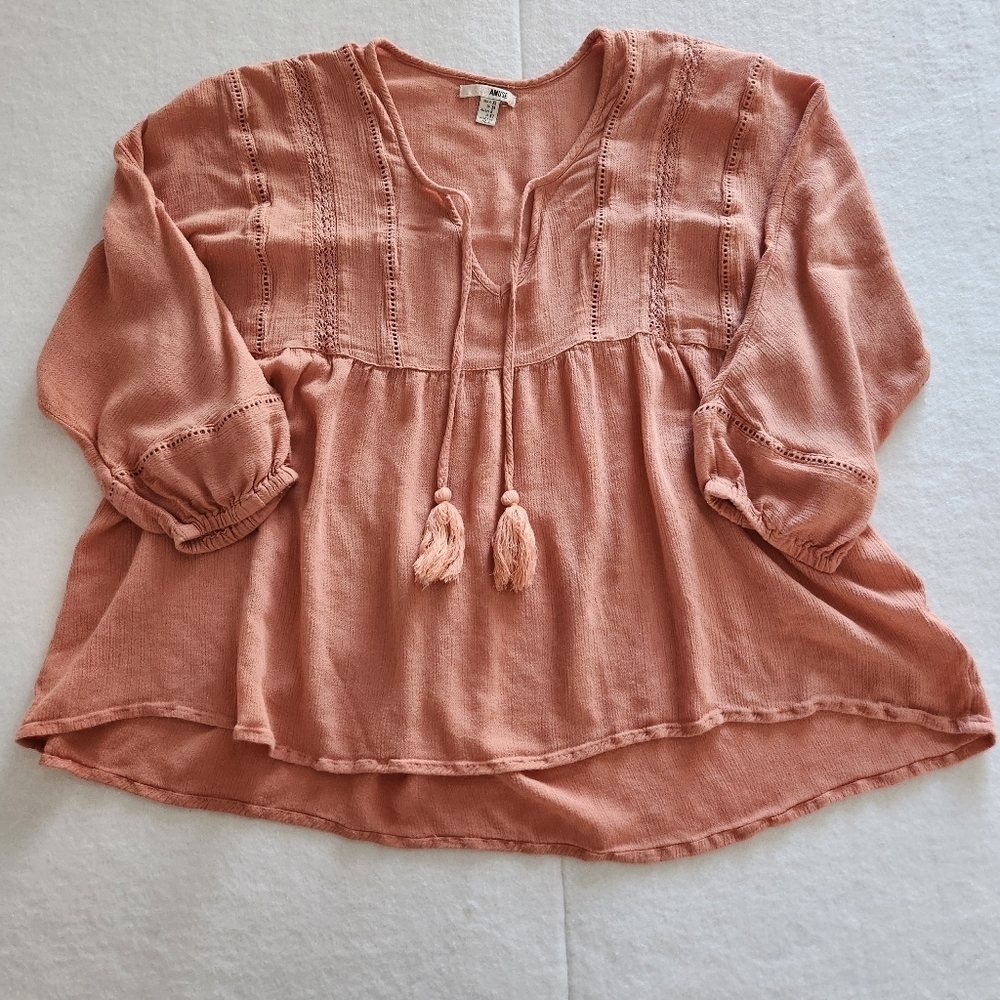 Amuse Society Bohemian Flowy Peach Blouse with Tassels  Oversized Xsmall